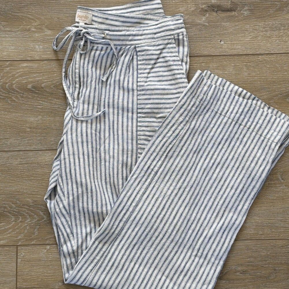 Laundry by Shelli Segal Pants Women 10 Blue & White Stripe Linen Blend Straight